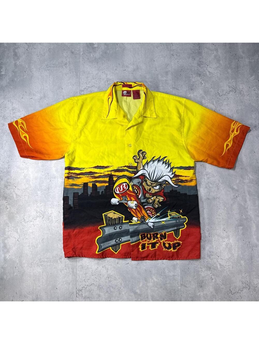 Y2K Norules Flames Skateboarding Grunge 00s Button Up Shirt